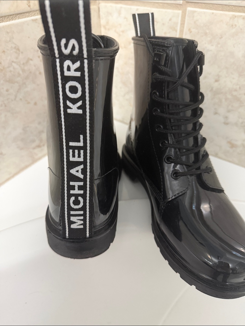 Michael Kors Black Patent Lace-Up Ankle Rain Boots with Logo Pull Tab